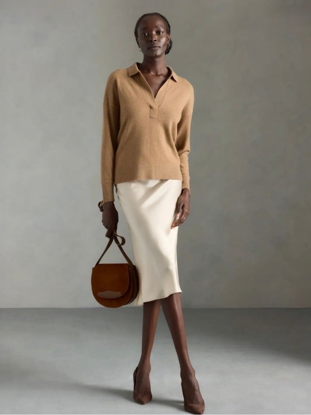 QUINCE Mongolian Cashmere Polo Sweater Solid Tan Camel Pullover Knit Large - Picture 2 of 10